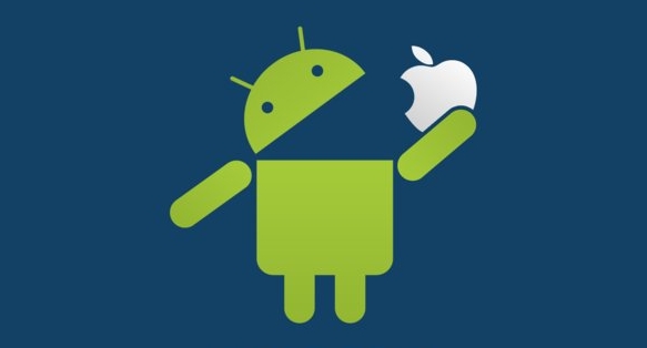 Parody image of Android logo eating the Apple logo