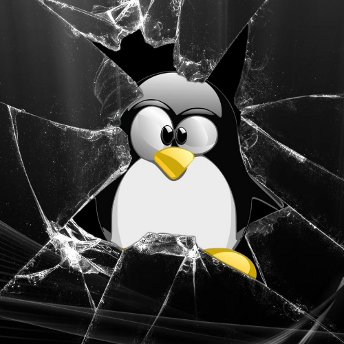 Image of glass smashing with Linux penguin looking through
